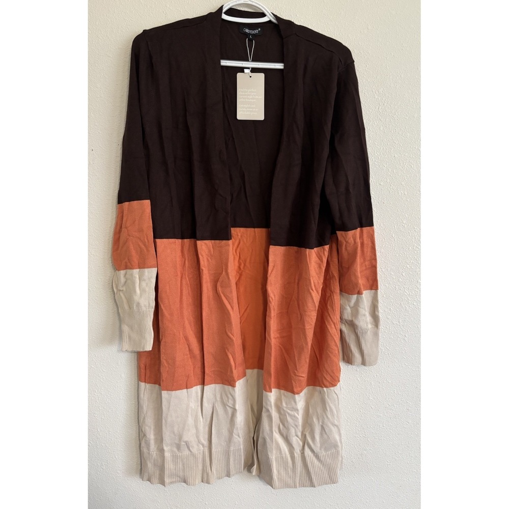 Cardydony Womens Colorblock Open Front Duster Cardigan Brown Orange Cream L